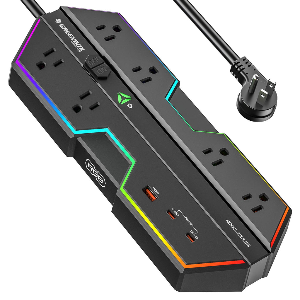 4000J Gaming Power Strip Surge Protector USB-C PD 20W Fast Charge 6 Wide-Spaced Outlets RGB Lighting 6ft Cord by CRST