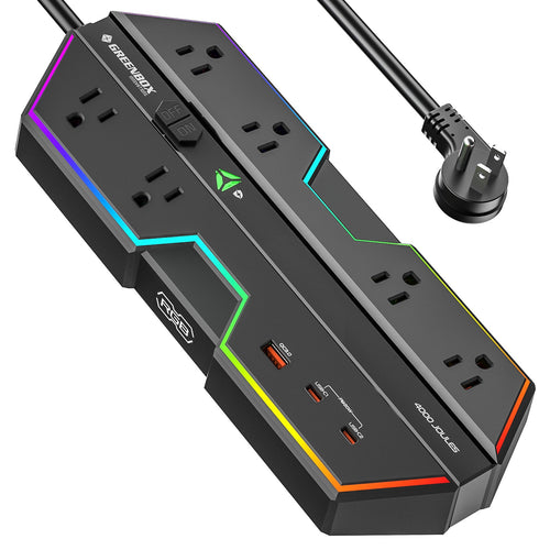 4000J Gaming Power Strip Surge Protector USB-C PD 20W Fast Charge 6 Wide-Spaced Outlets RGB Lighting 6ft Cord by CRST