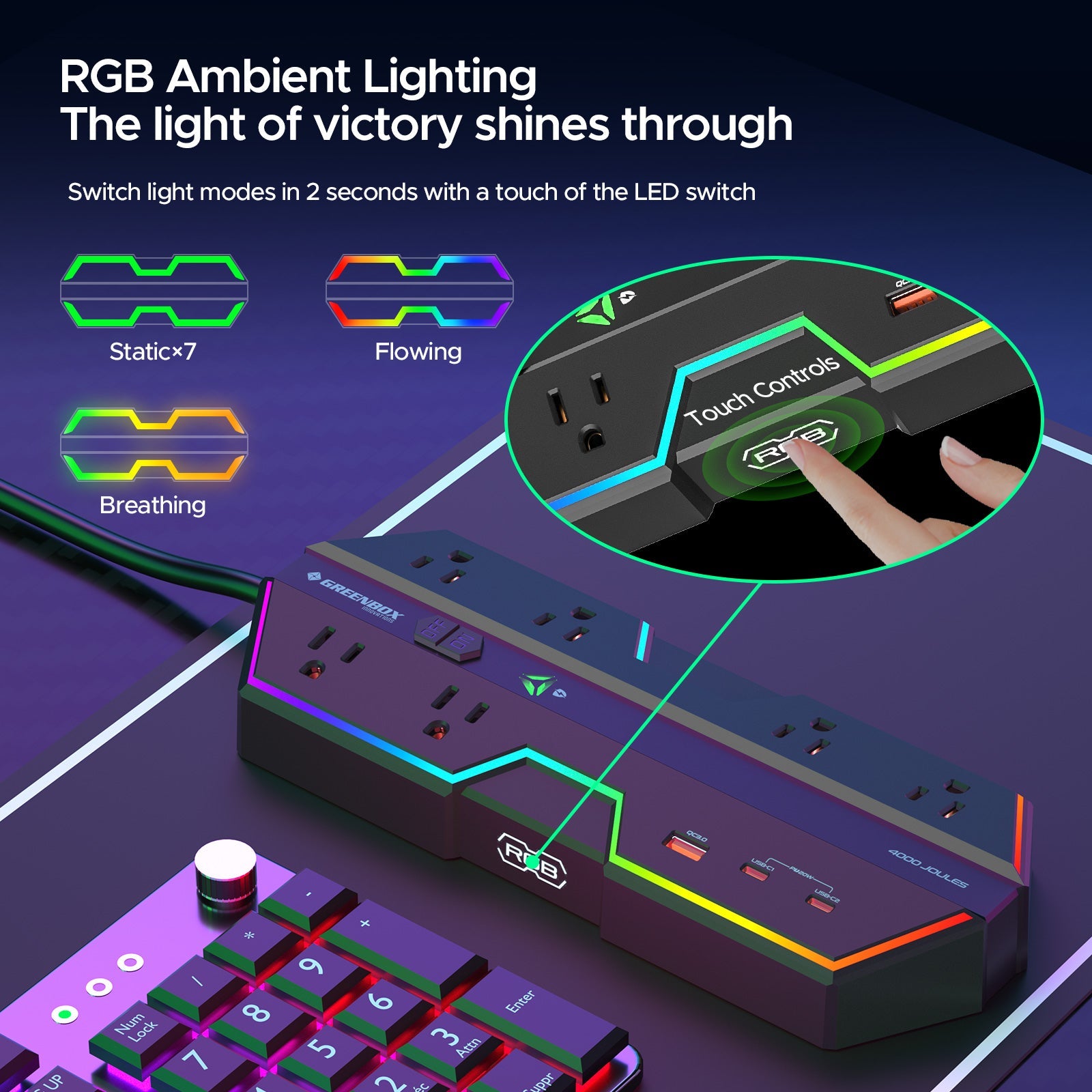 4000J Gaming Power Strip Surge Protector USB-C PD 20W Fast Charge 6 Wide-Spaced Outlets RGB Lighting 6ft Cord by CRST