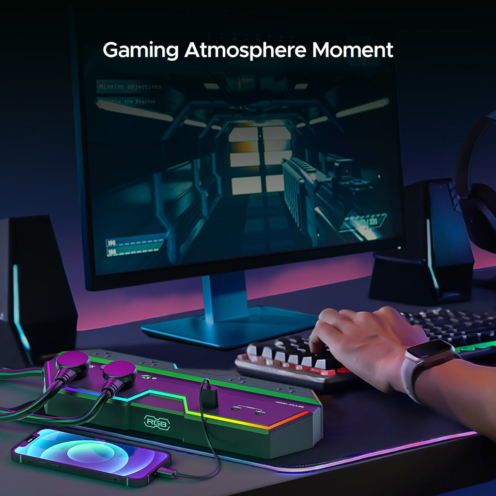 4000J Gaming Power Strip Surge Protector USB-C PD 20W Fast Charge 6 Wide-Spaced Outlets RGB Lighting 6ft Cord by CRST