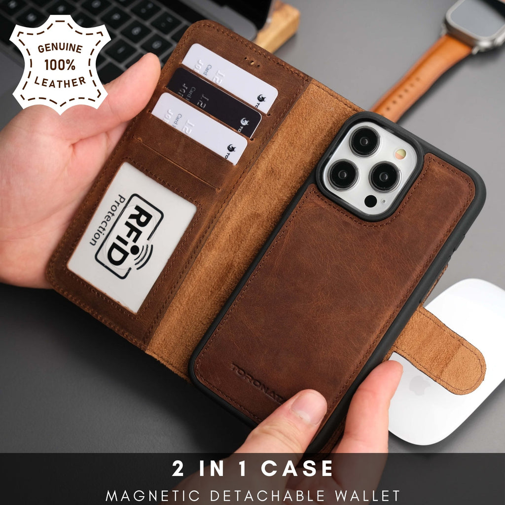 Casper Leather iPhone 15 Pro Max Wallet Case | Detachable MagSafe Compatible RFID Protection by TORONATA