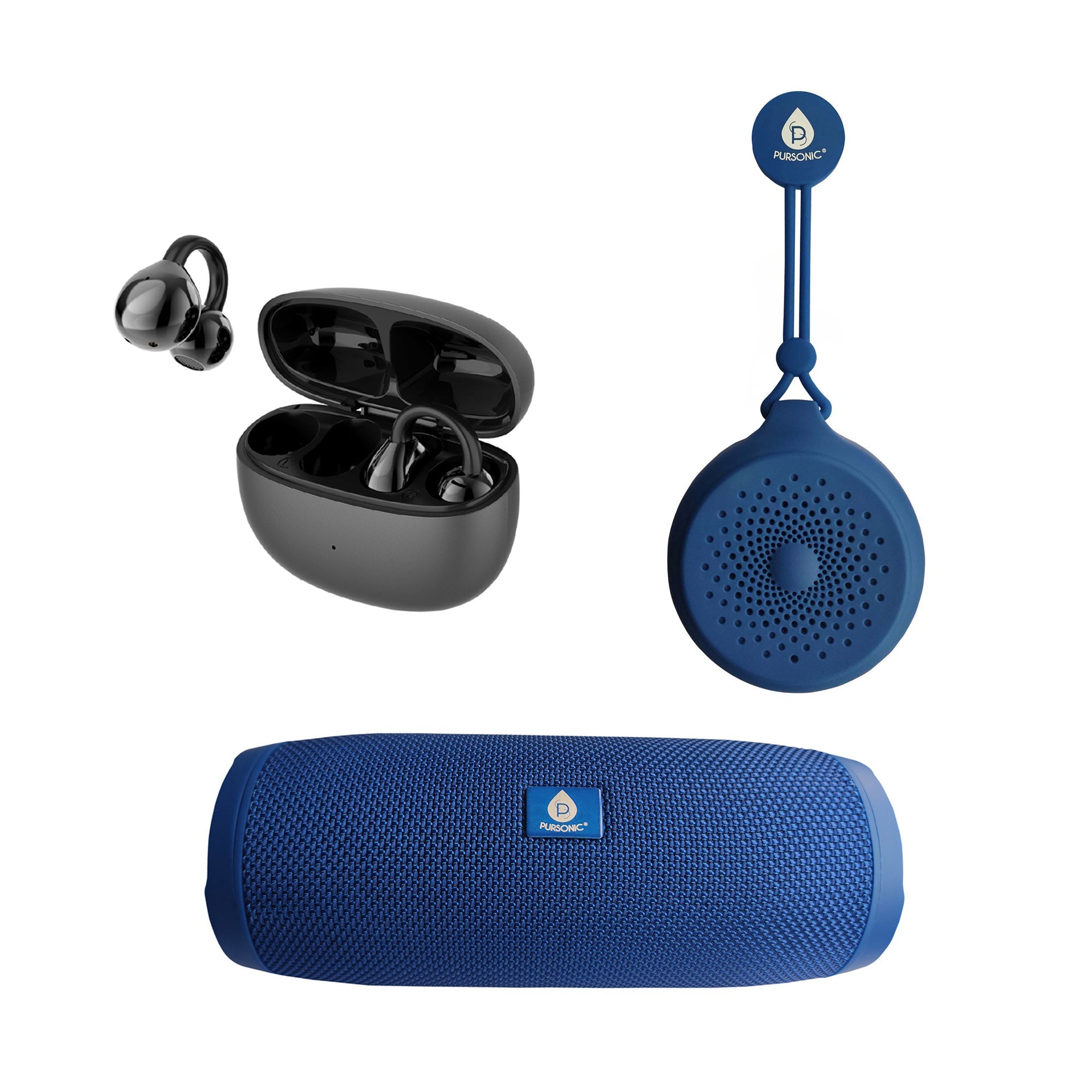 Total Audio Freedom Collection – Wireless Earbuds + Extended-Play 360° Speaker + Waterproof Suction Speaker by Pursonic