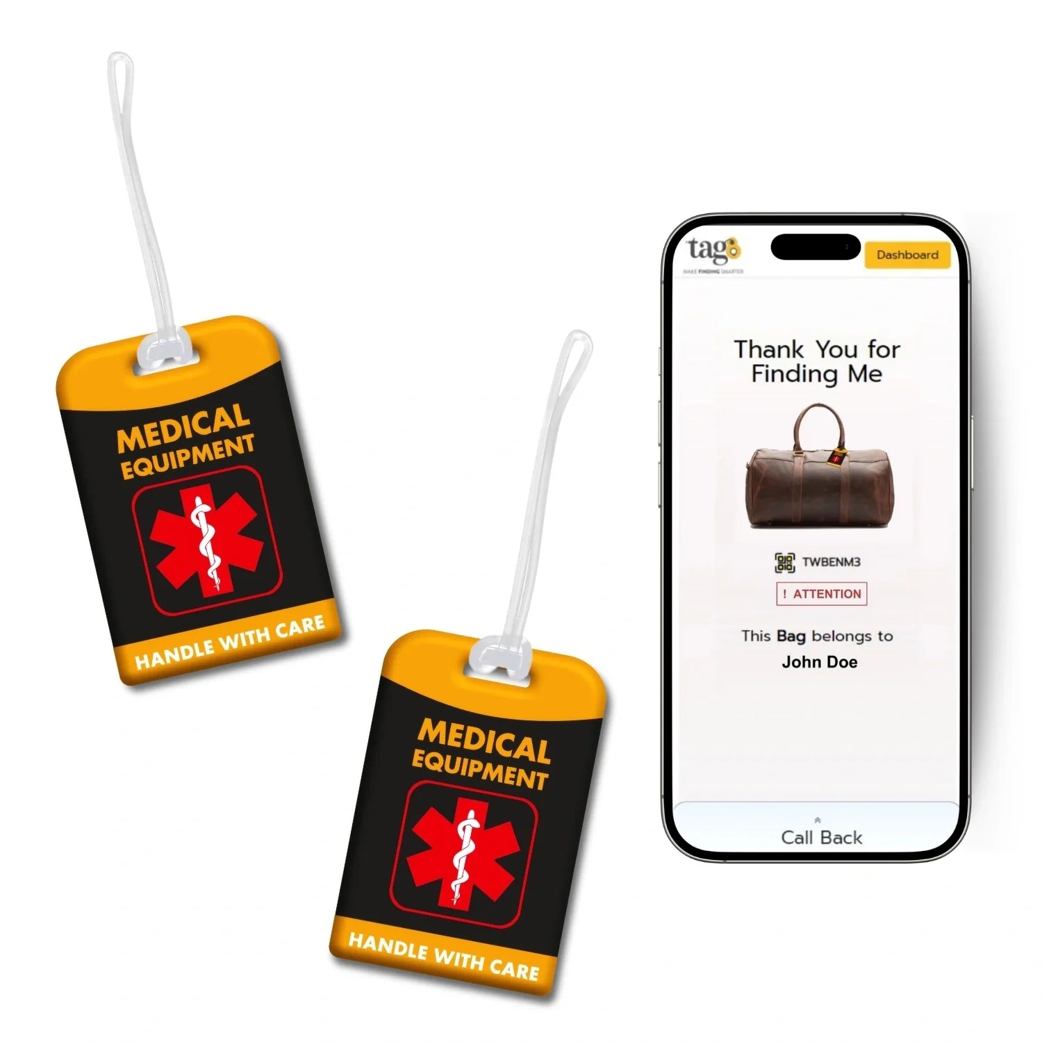 Medical Equipment Tag [Pack 2] by Global Lost Recovery Service | 2800+ Airports worldwide