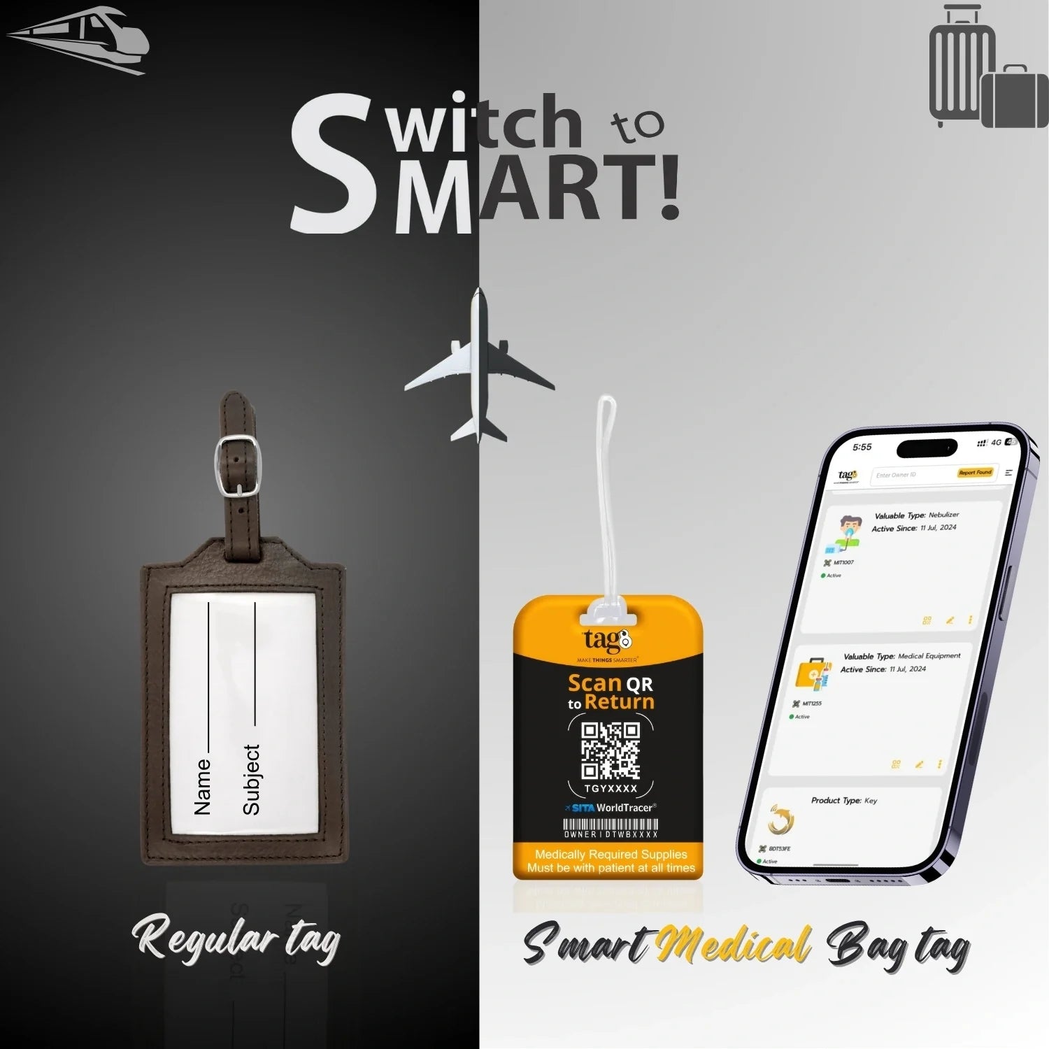 Medical Equipment Tag [Pack 2] by Global Lost Recovery Service | 2800+ Airports worldwide