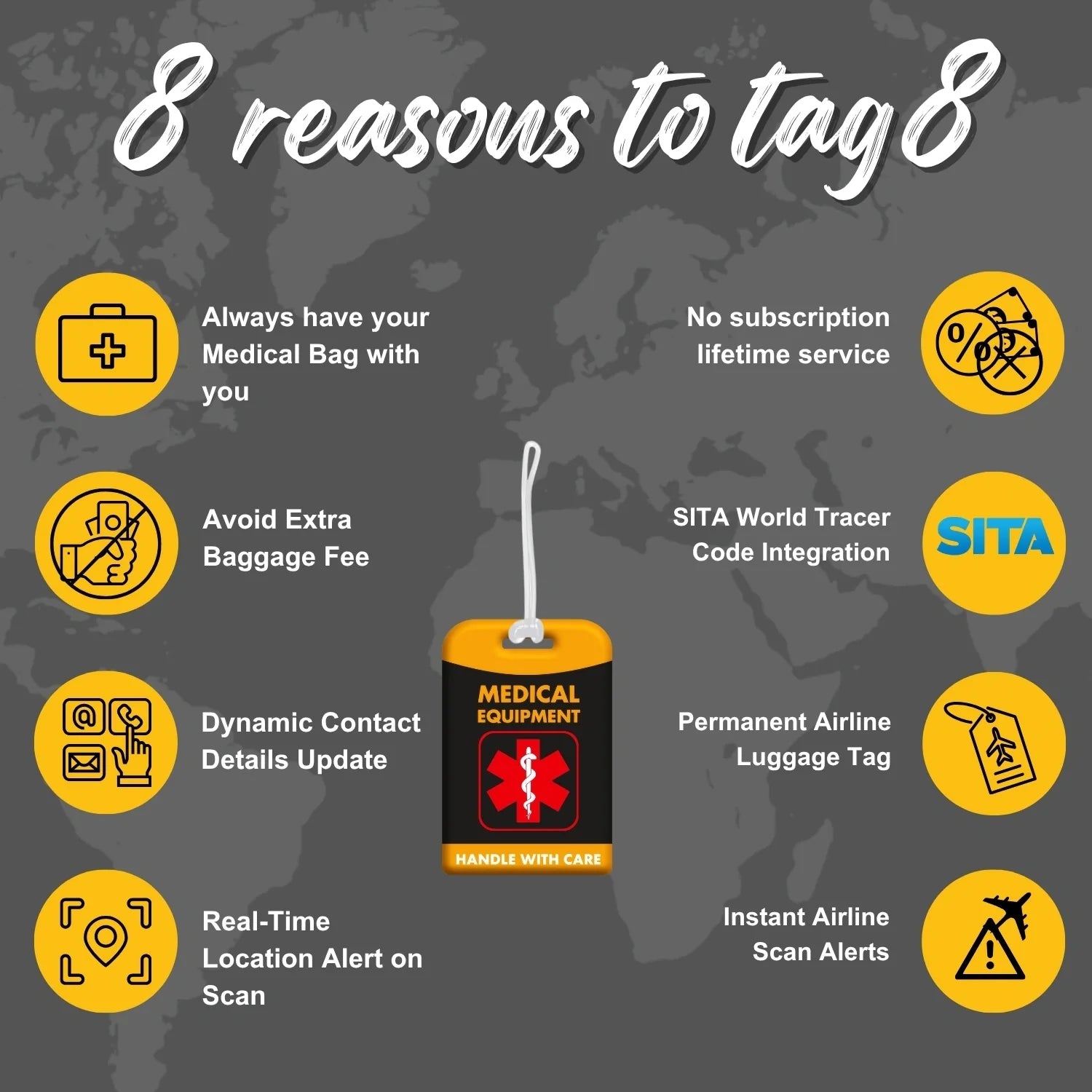 Medical Equipment Tag [Pack 2] by Global Lost Recovery Service | 2800+ Airports worldwide