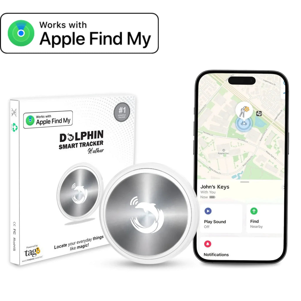 Dolphin Smart Tracker Huthur by Air Tags Item Finders Work with Apple Find My APP (iOS Only). Premium Steel Finish Tracker Tags for Keys, Luggage, Backpack, Pets etc, Waterproof Airtag (Not for Android)