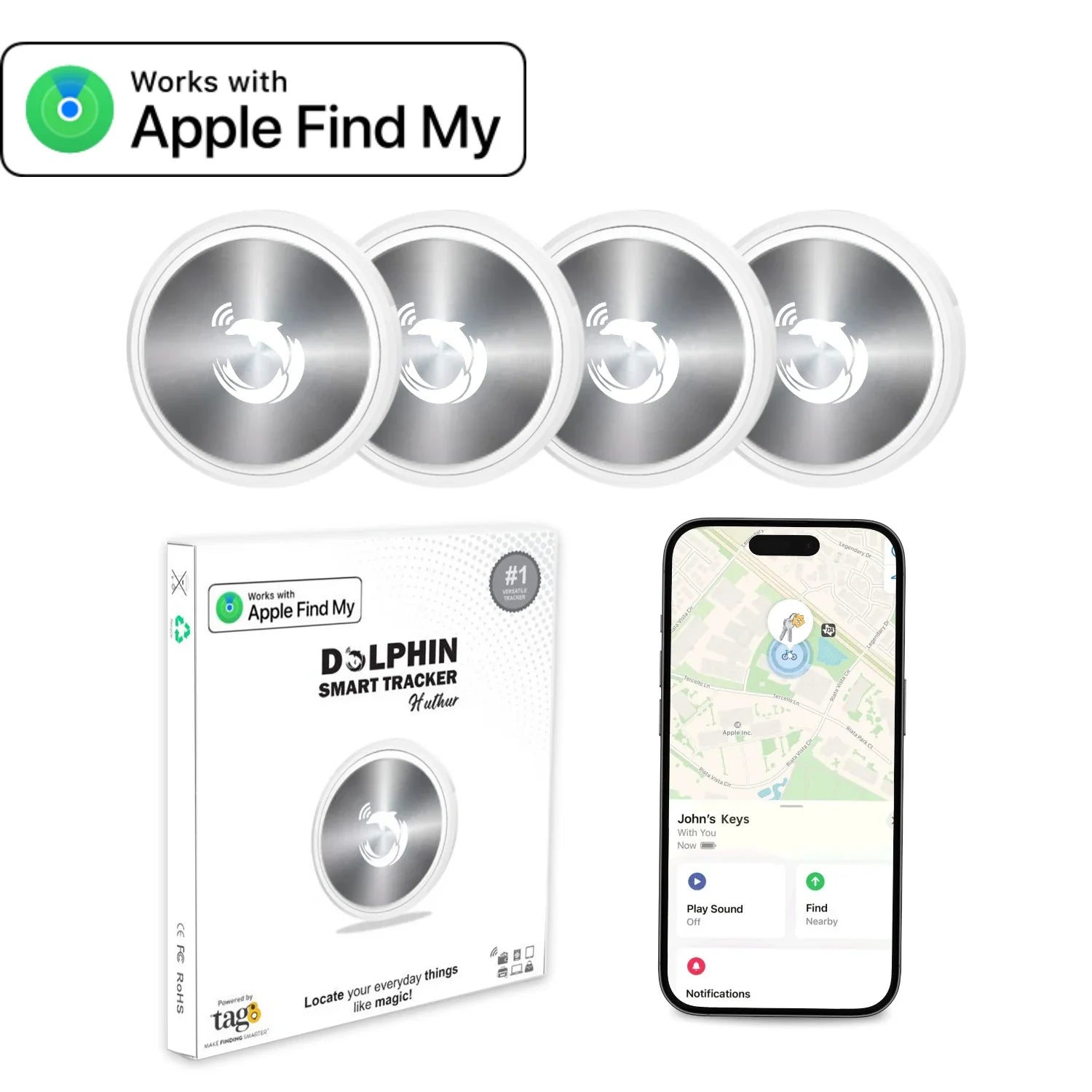 Dolphin Smart Tracker Huthur by Air Tags Item Finders Work with Apple Find My APP (iOS Only). Premium Steel Finish Tracker Tags for Keys, Luggage, Backpack, Pets etc, Waterproof Airtag (Not for Android)