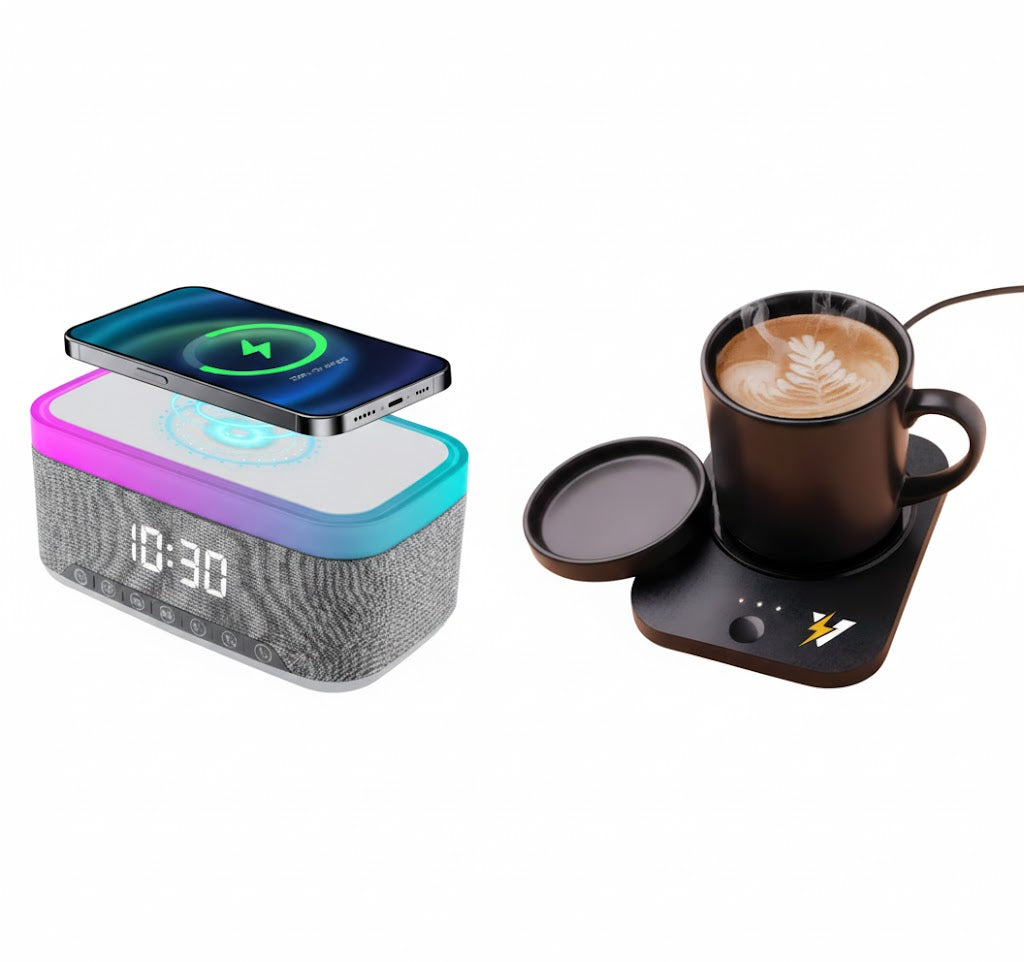 Desk-to-Bedside Power & Comfort Bundle – Sip & Charge 2-in-1 Mug Warmer + 5-in-1 Wireless Charging Alarm Clock Speaker by Pursonic