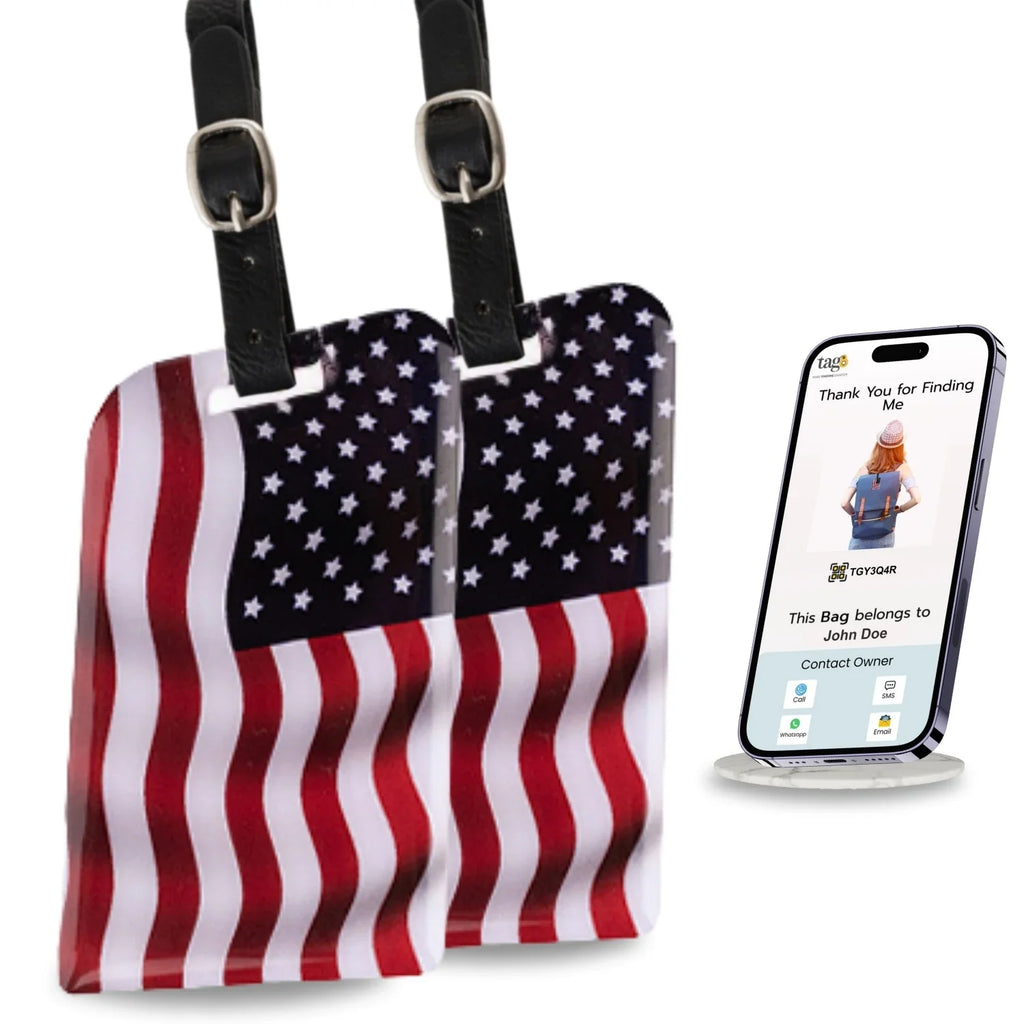 Smart Bag Security Tag - USA Flag [Pack 2] by Global Lost Recovery Service | 2800+ Airports worldwide
