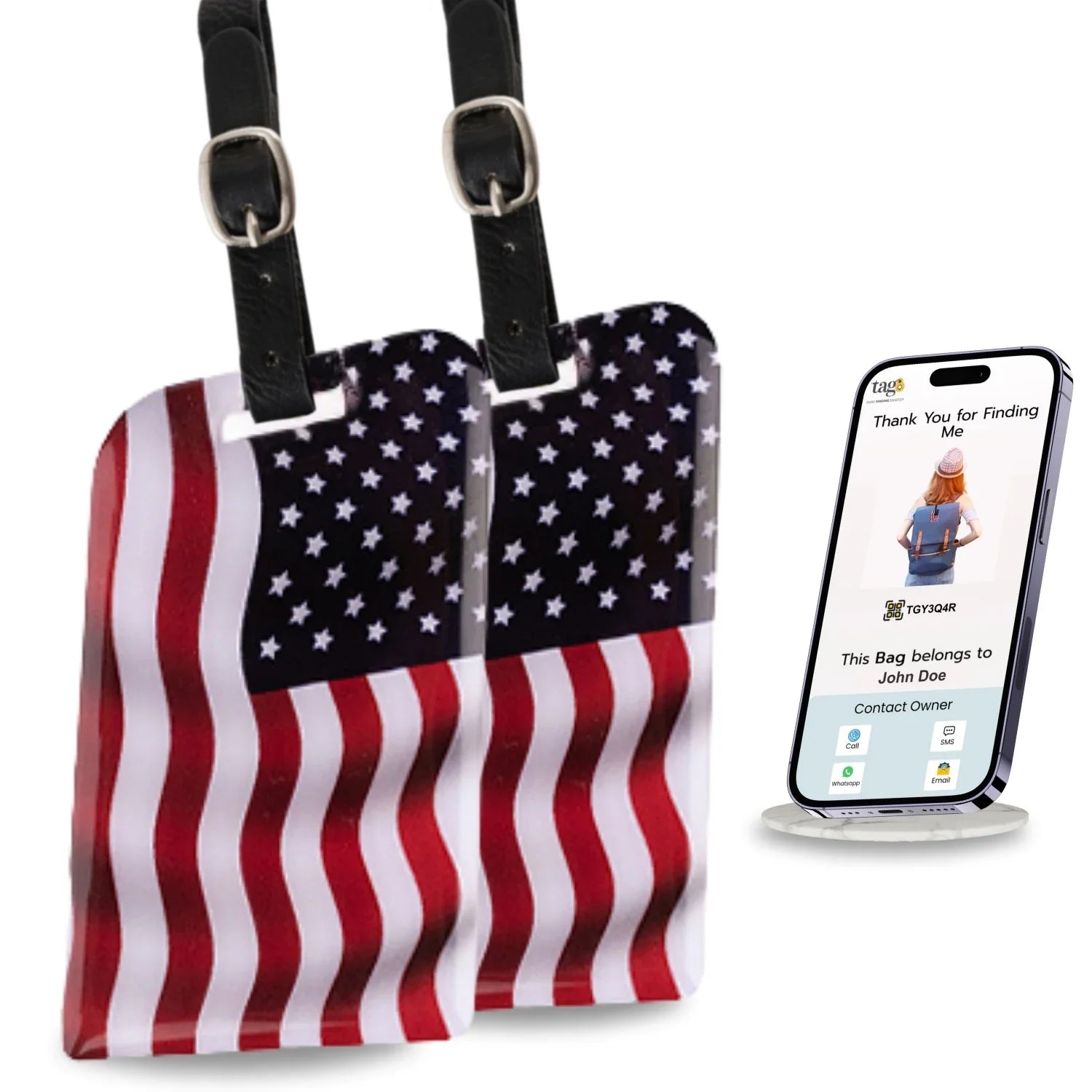 Smart Bag Security Tag - USA Flag [Pack 2] by Global Lost Recovery Service | 2800+ Airports worldwide