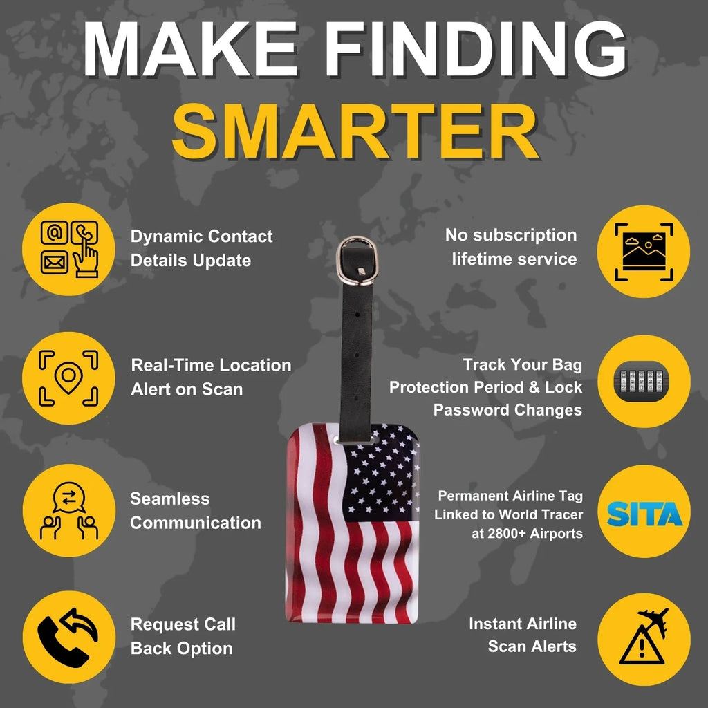 Smart Bag Security Tag - USA Flag [Pack 2] by Global Lost Recovery Service | 2800+ Airports worldwide